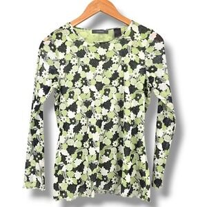 Liz Claiborne‎ Y2K Vintage Floral Mesh Top Long Sleeve Green Black Petite Size